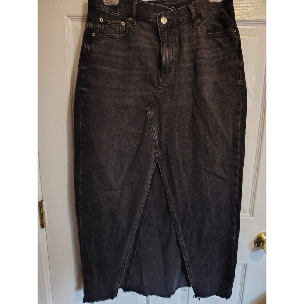 American Eagle Women’s Black Solid Denim Pencil Midi Skirt Button Pockets Slit 8